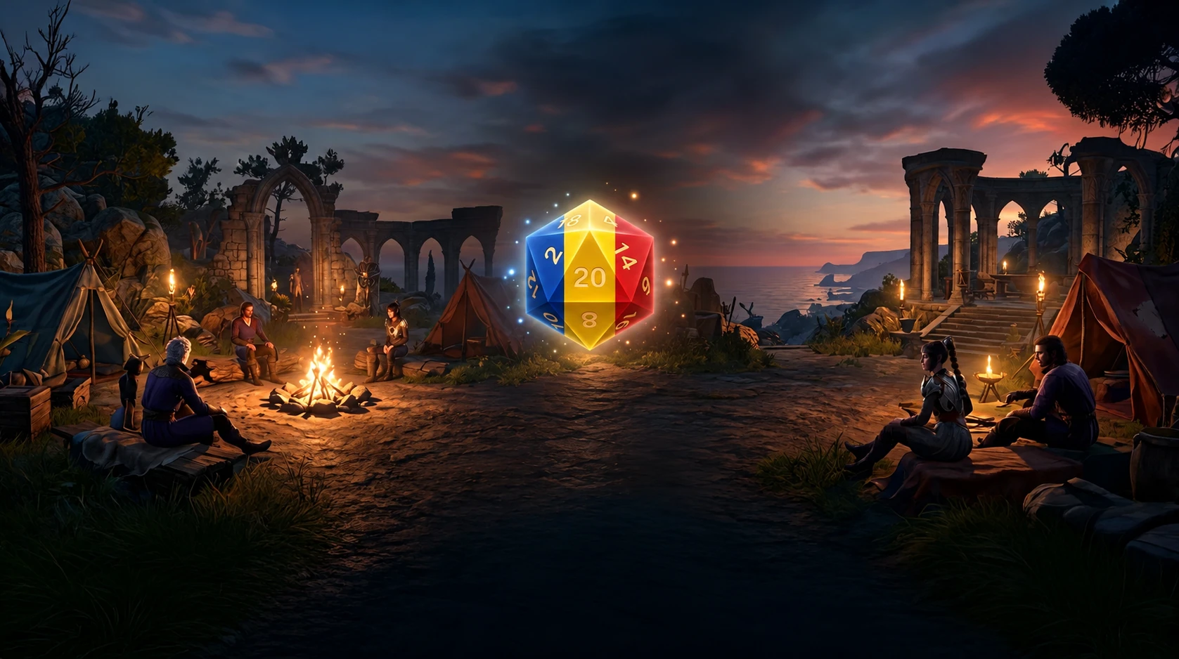 O tabără lângă ruine, la apus, și un zar luminos albastru, galben și roșu, în culorile României.